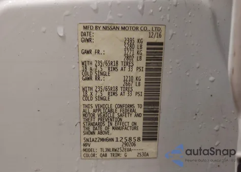 2017 Nissan Murano Sl z USA, uszkodzony, nr VIN 5N1AZ2MH6HN125858